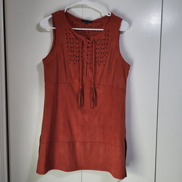 JOHN MARK Women's Small Faux Suede Sleeveless Top Tunic Orange Rust Tassel - Picture 2 of 9